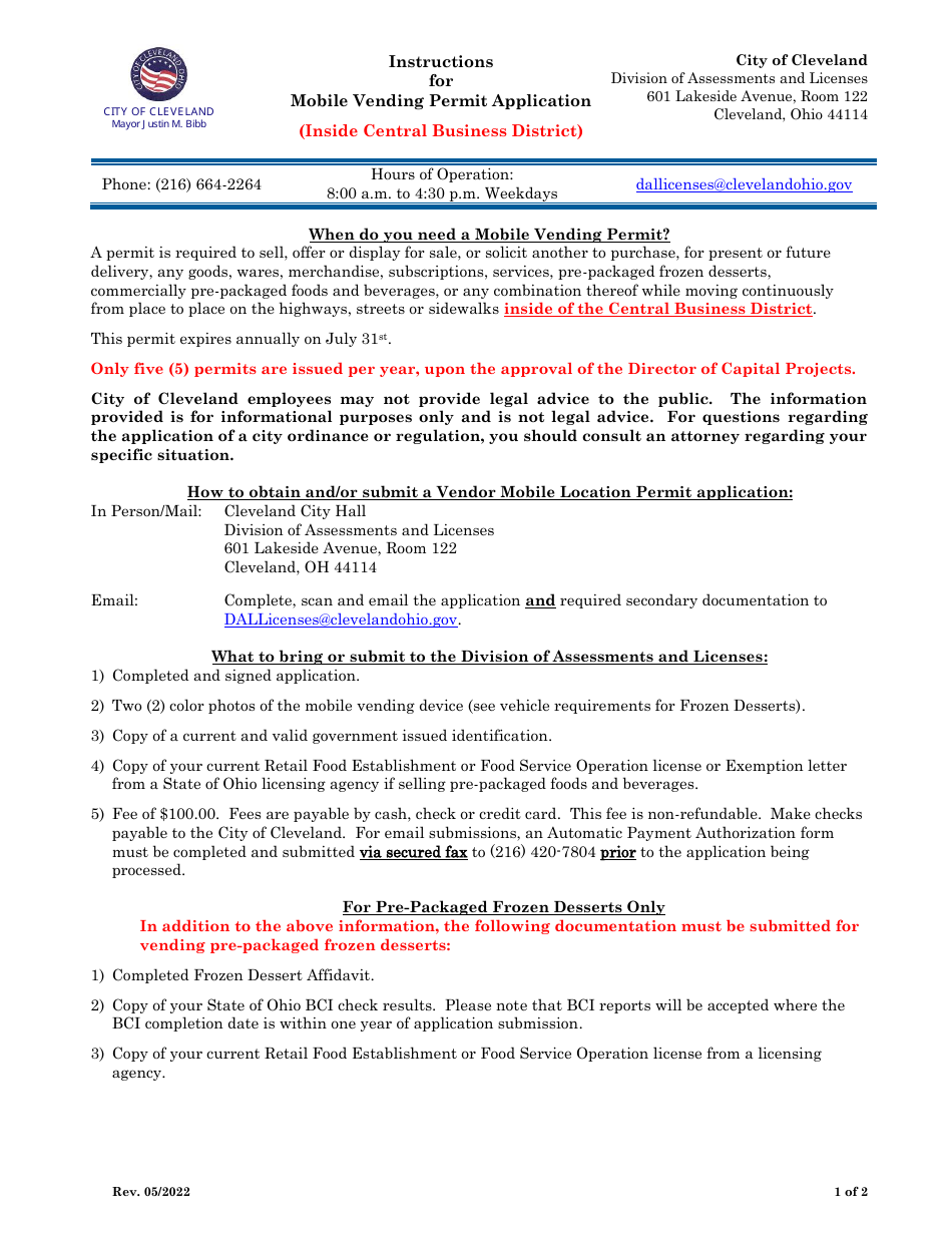 Mobile Vending Permit Application (Inside Central Business District) - City of Cleveland, Ohio, Page 1