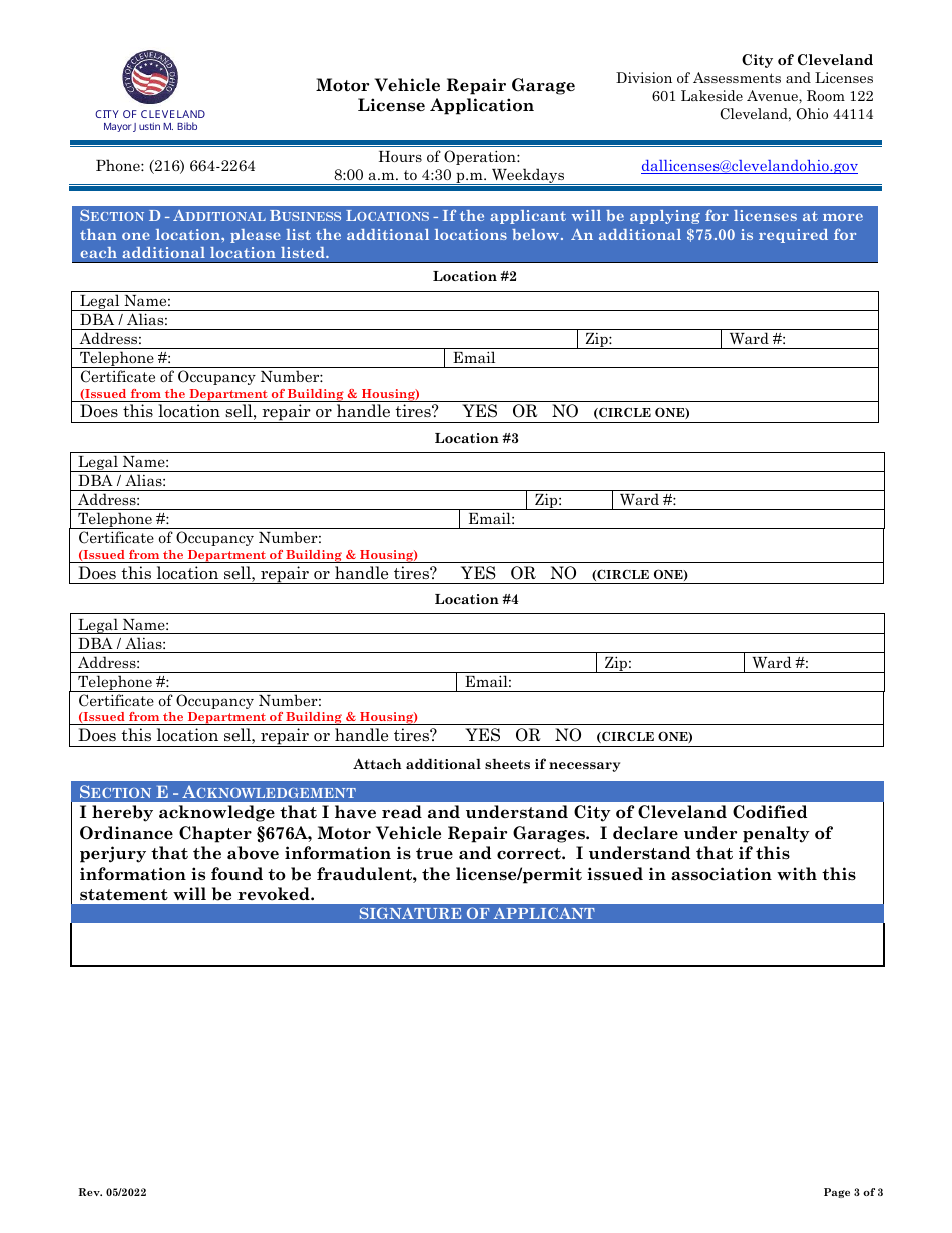 Motor Vehicle Repair Garage License Application - City of Cleveland, Ohio, Page 3