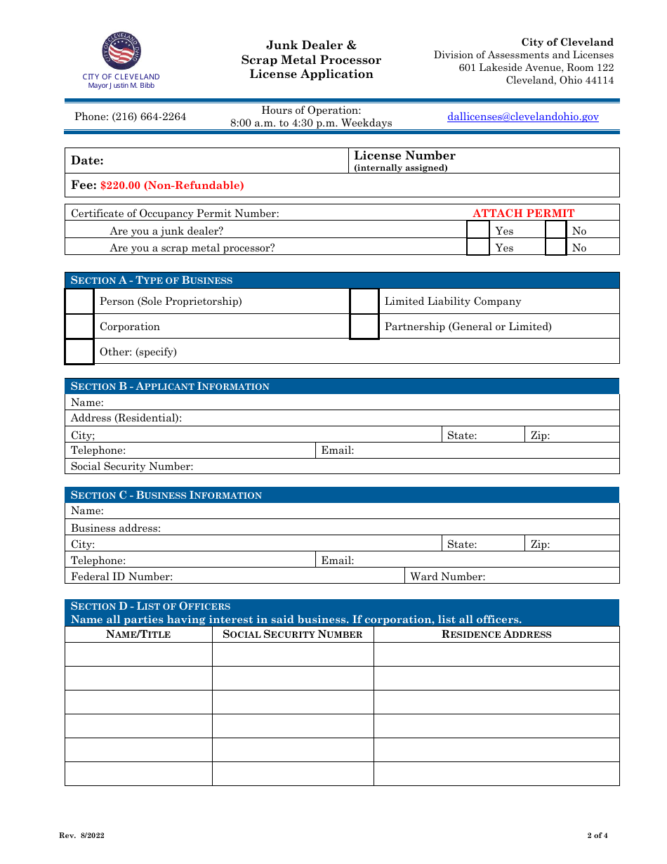 Junk Dealer  Scrap Metal Processor License Application - City of Cleveland, Ohio, Page 2
