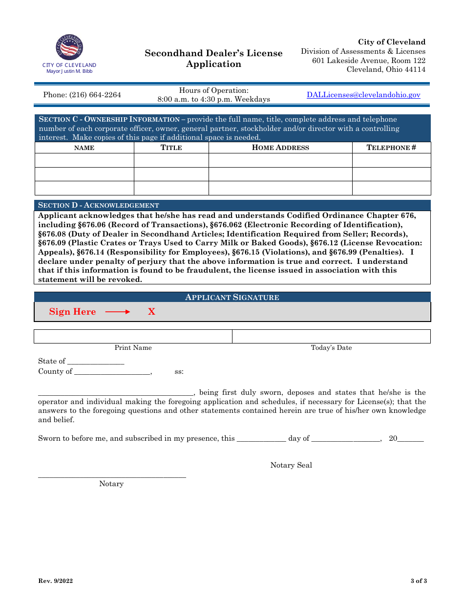 Secondhand Dealers License Application - City of Cleveland, Ohio, Page 3