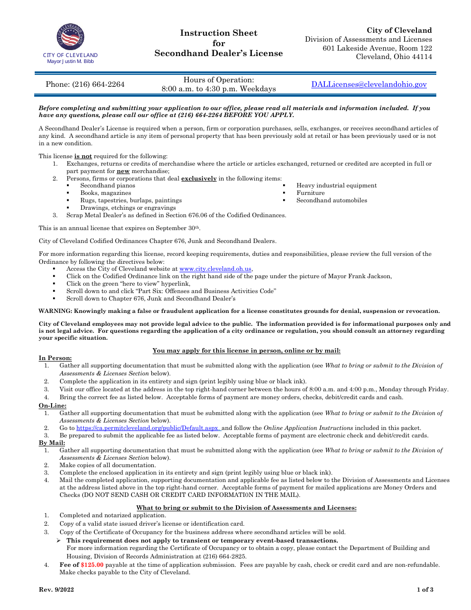 City of Cleveland, Ohio Secondhand Dealer's License Application Fill