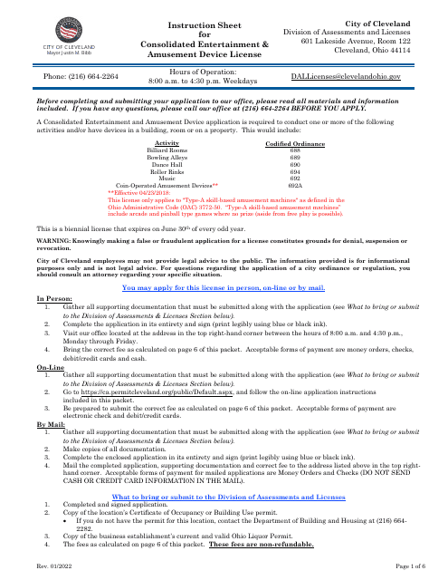 Consolidated Entertainment & Amusement Device License Application - City of Cleveland, Ohio Download Pdf