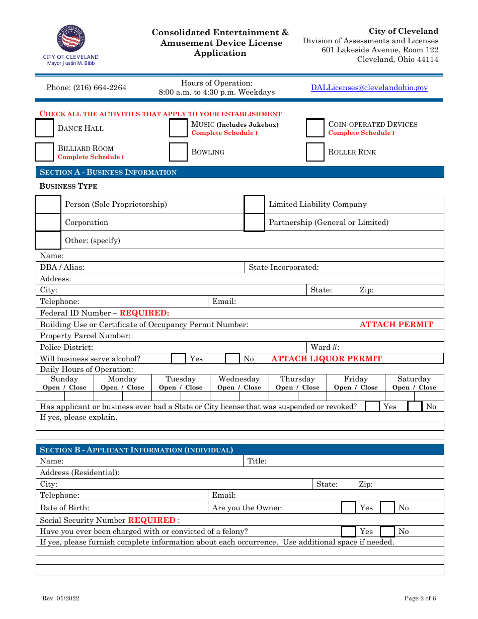 Consolidated Entertainment  Amusement Device License Application - City of Cleveland, Ohio, Page 2