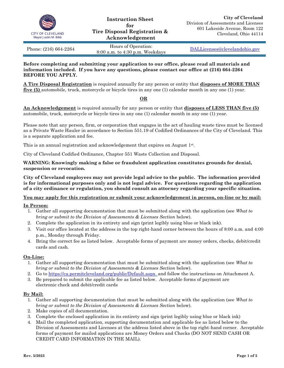 Tire Disposal Registration Application - City of Cleveland, Ohio, Page 1