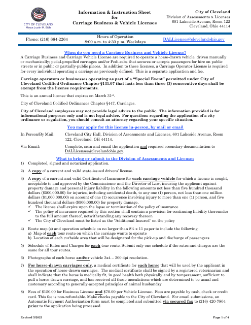 Carriage Business & Vehicle License Application - City of Cleveland, Ohio Download Pdf