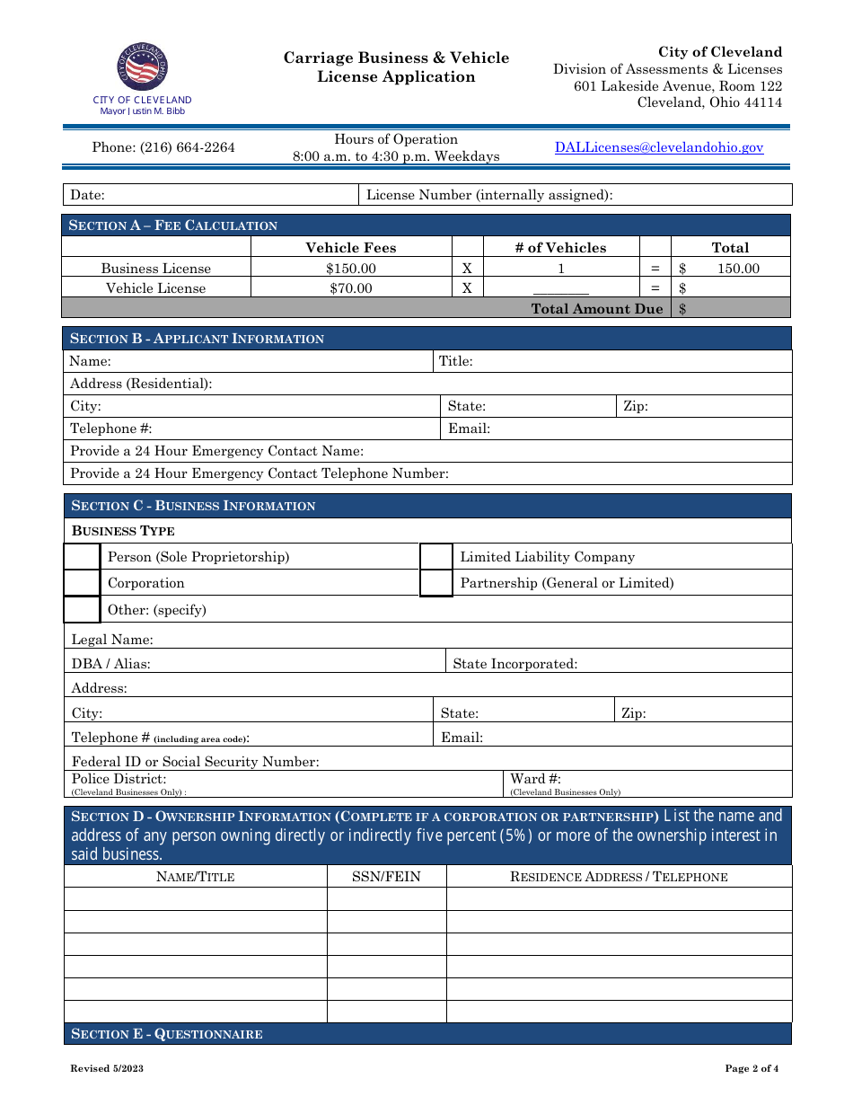 Carriage Business  Vehicle License Application - City of Cleveland, Ohio, Page 2