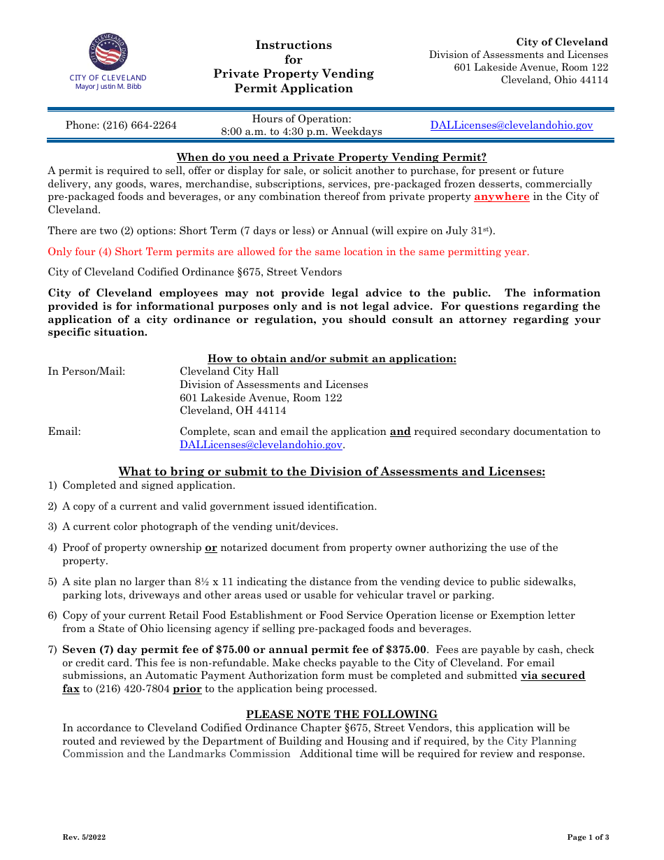 Private Property Vending Permit Application - City of Cleveland, Ohio, Page 1