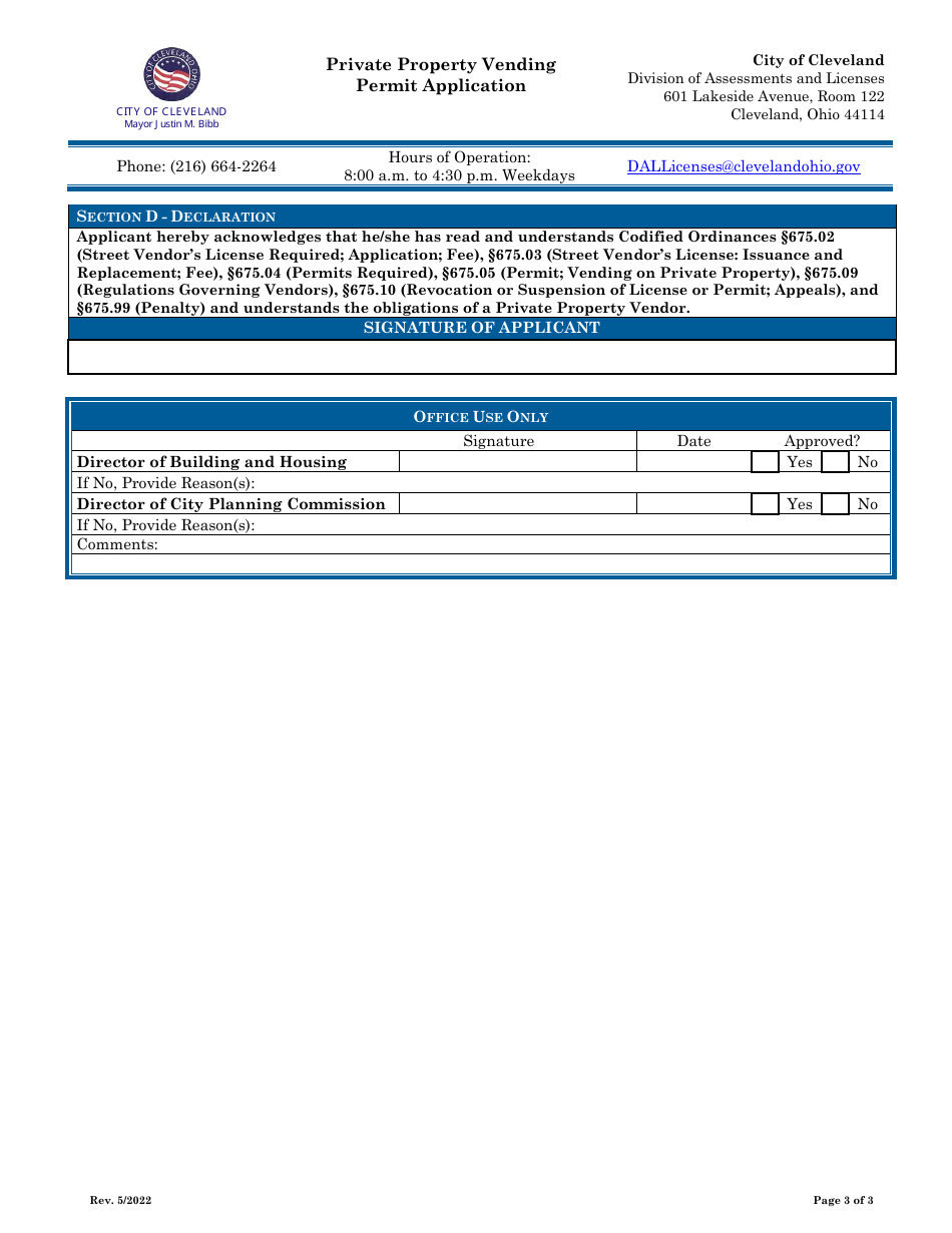 Private Property Vending Permit Application - City of Cleveland, Ohio, Page 3
