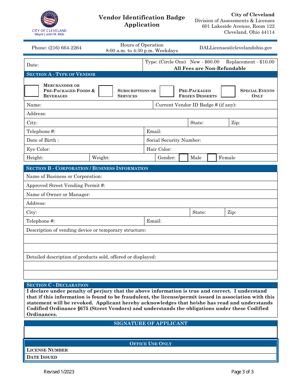 City Of Cleveland Ohio Vendor Identification Badge Application Fill Out Sign Online And