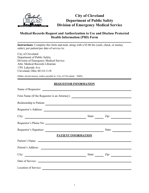 Medical Records Request and Authorization to Use and Disclose Protected Health Information (Phi) Form - City of Cleveland, Ohio Download Pdf