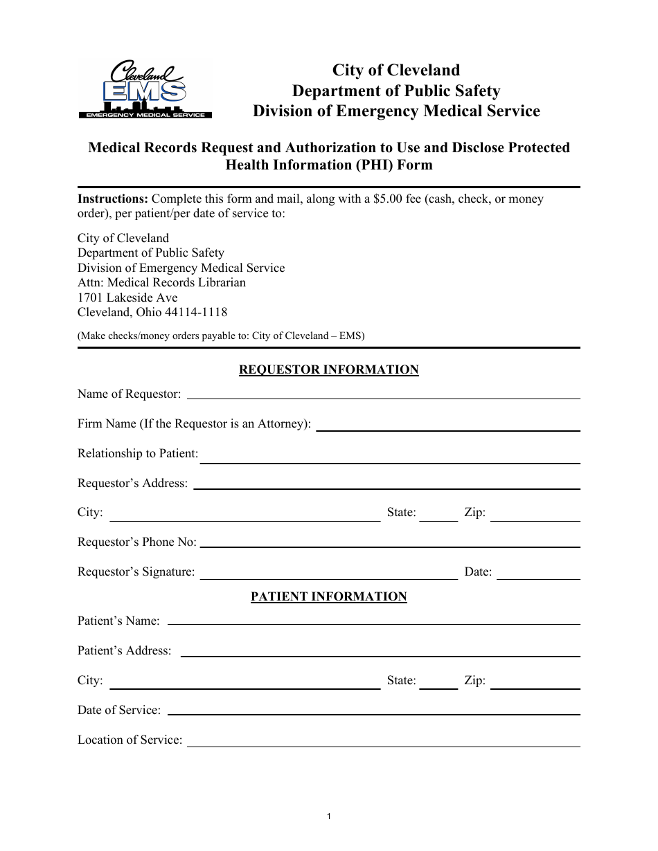 City of Cleveland, Ohio Medical Records Request and Authorization to