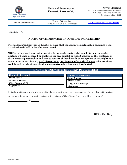 Notice of Termination Domestic Partnership - City of Cleveland, Ohio Download Pdf