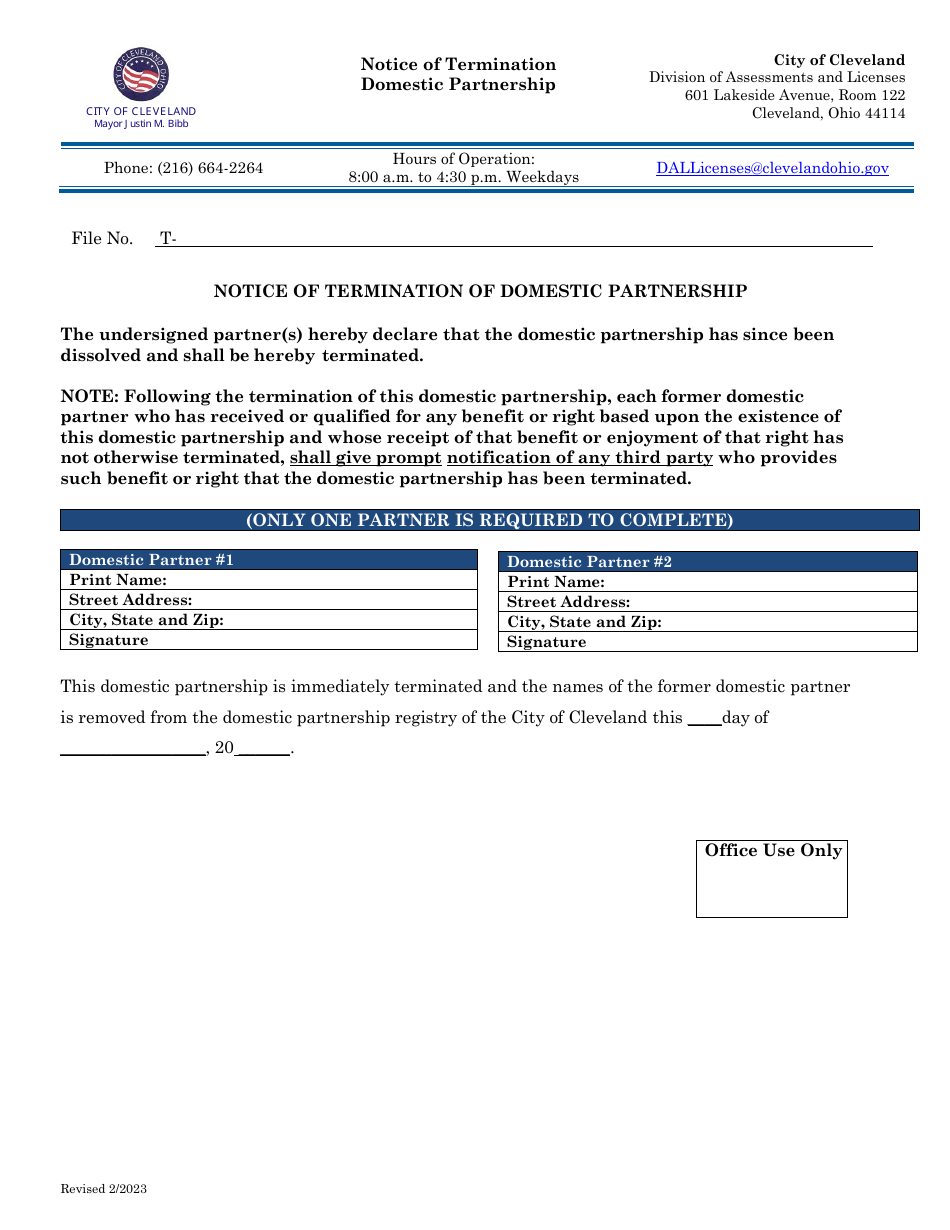 Notice of Termination Domestic Partnership - City of Cleveland, Ohio, Page 1