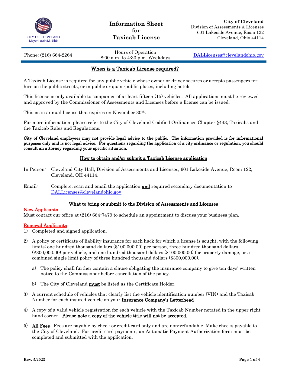 Taxicab License Application - City of Cleveland, Ohio, Page 1