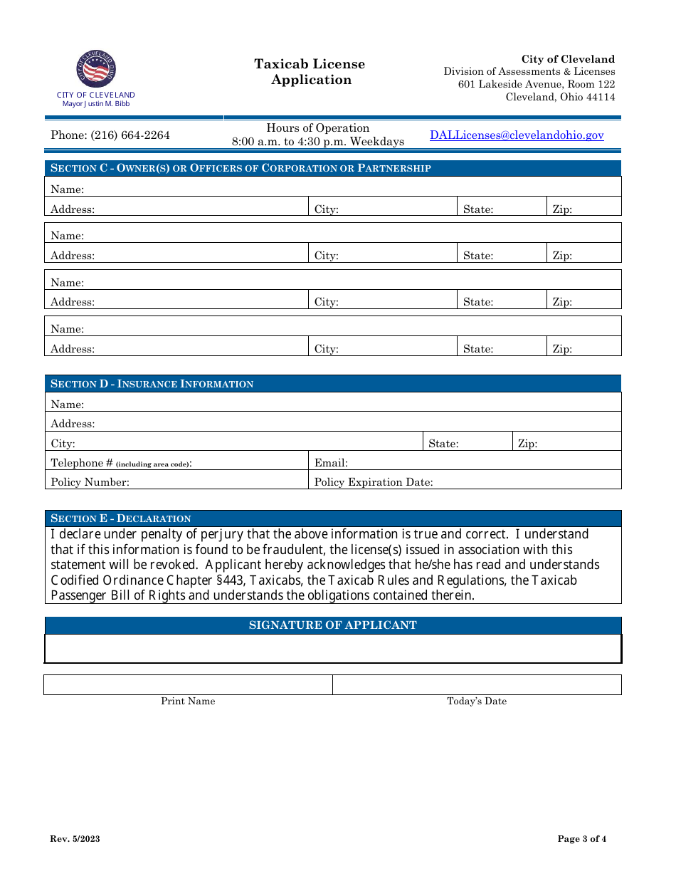 Taxicab License Application - City of Cleveland, Ohio, Page 3