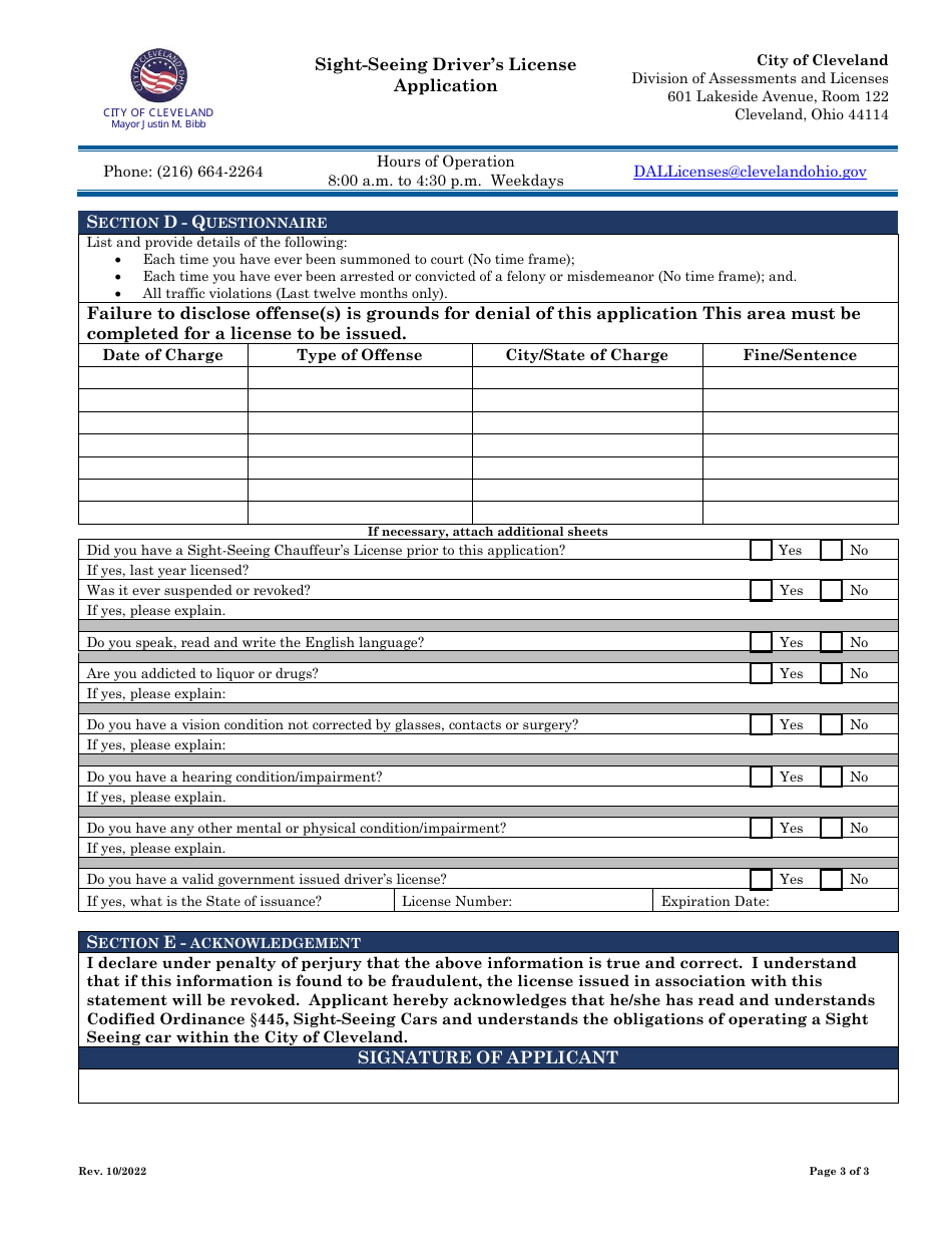 Sight-Seeing Drivers License Application - City of Cleveland, Ohio, Page 3