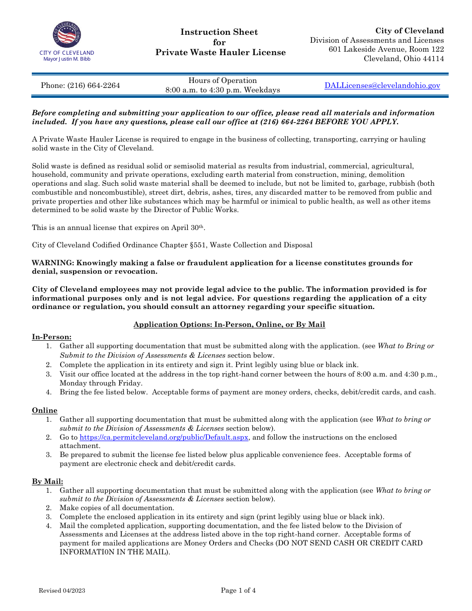 Private Waste Hauler License Application - City of Cleveland, Ohio, Page 1