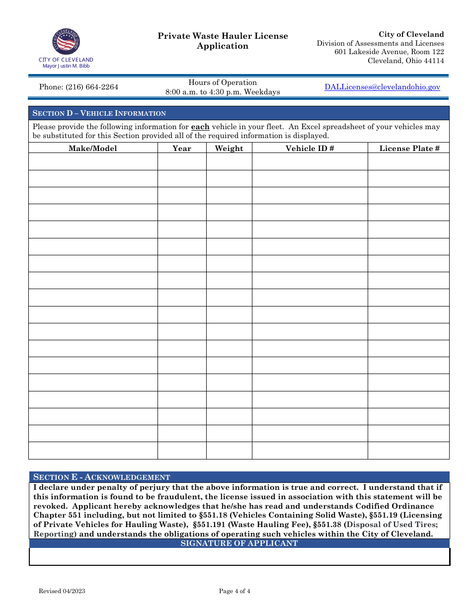 Private Waste Hauler License Application - City of Cleveland, Ohio, Page 4