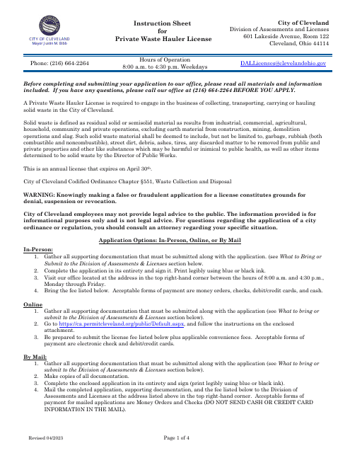 Private Waste Hauler License Application - City of Cleveland, Ohio Download Pdf