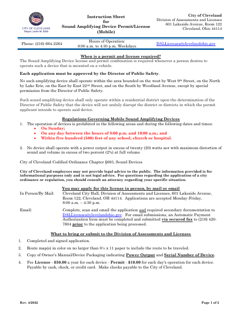 Sound Amplifying Device (Mobile) Permit / License Application - City of Cleveland, Ohio Download Pdf