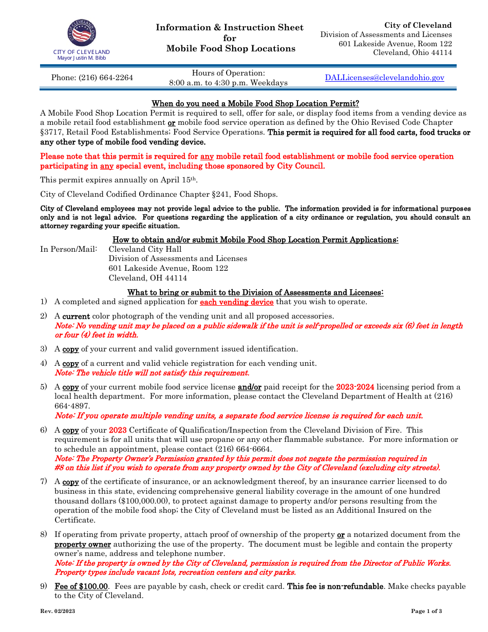 Mobile Food Shop Application - City of Cleveland, Ohio, Page 1