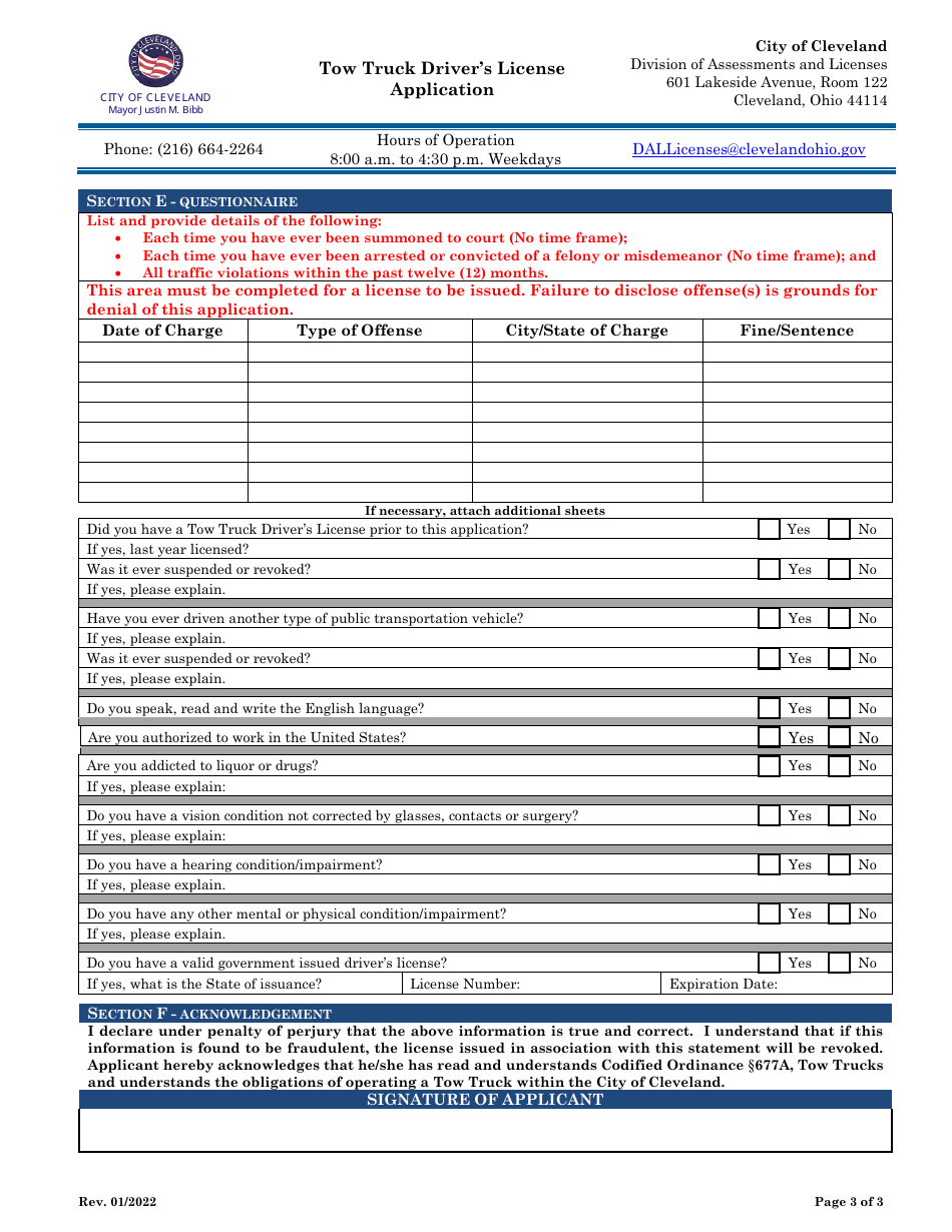 Tow Truck Drivers License Application - City of Cleveland, Ohio, Page 3