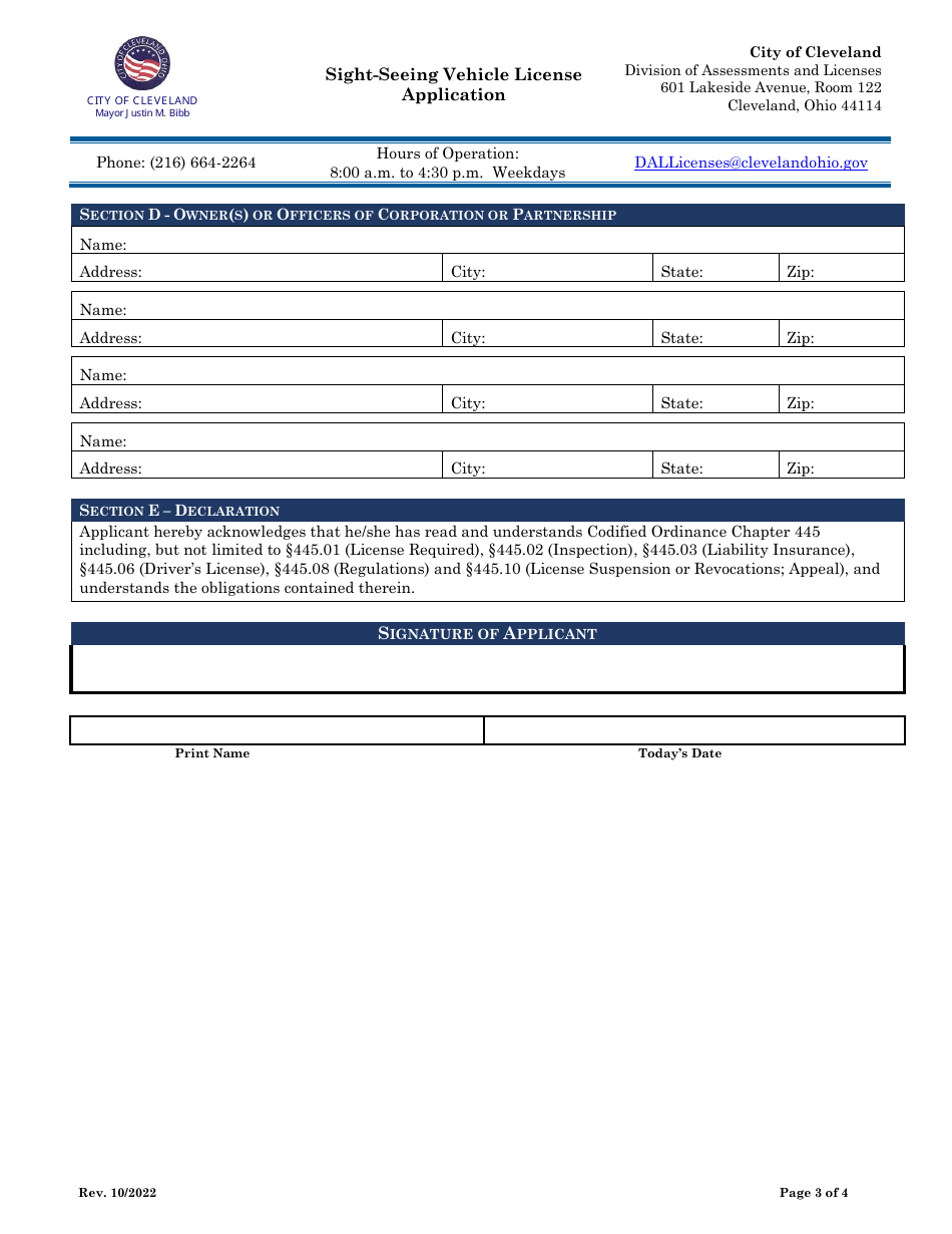 Sight-Seeing Vehicle License Application - City of Cleveland, Ohio, Page 3