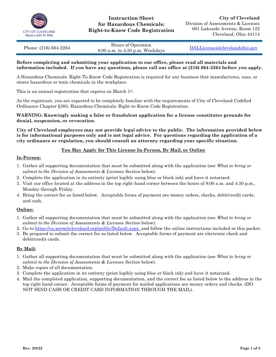 Hazardous Chemicals: Right-To-Know Code Registration Application - City of Cleveland, Ohio, Page 1