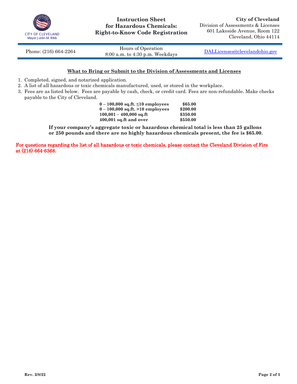 Hazardous Chemicals: Right-To-Know Code Registration Application - City of Cleveland, Ohio, Page 2
