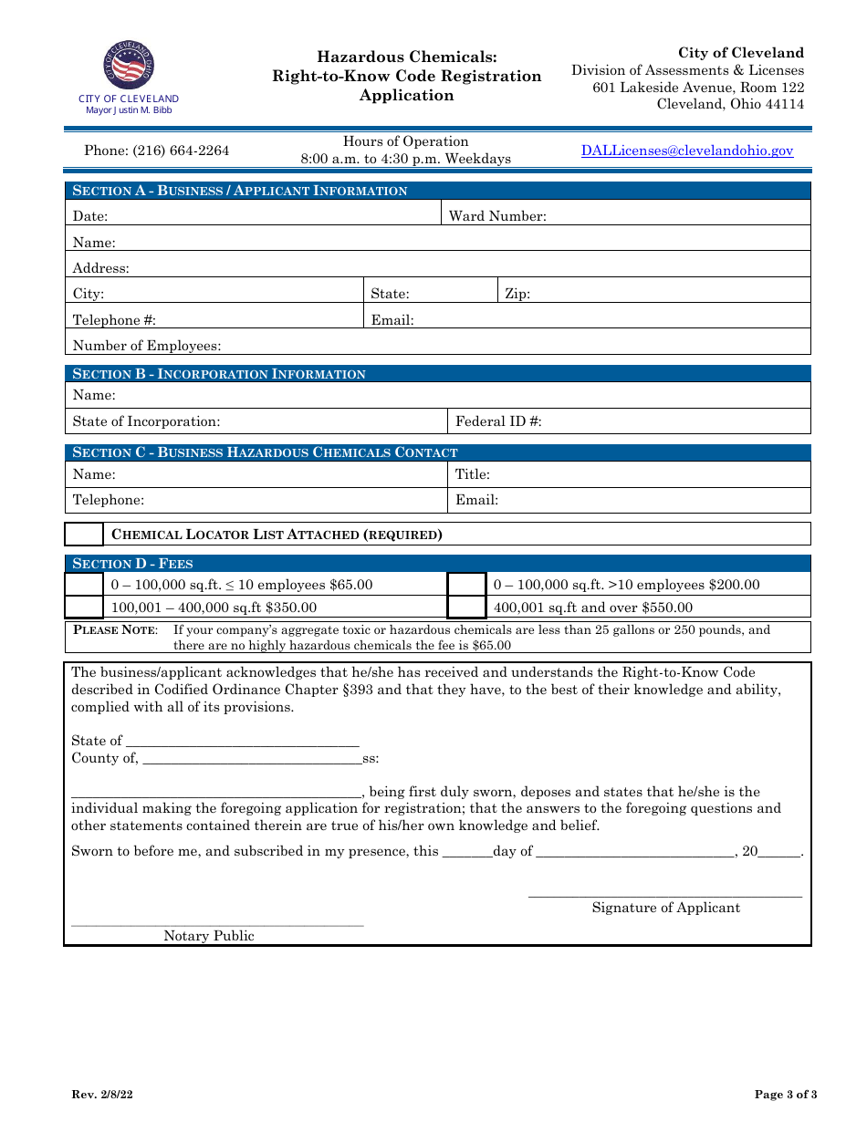 Hazardous Chemicals: Right-To-Know Code Registration Application - City of Cleveland, Ohio, Page 3