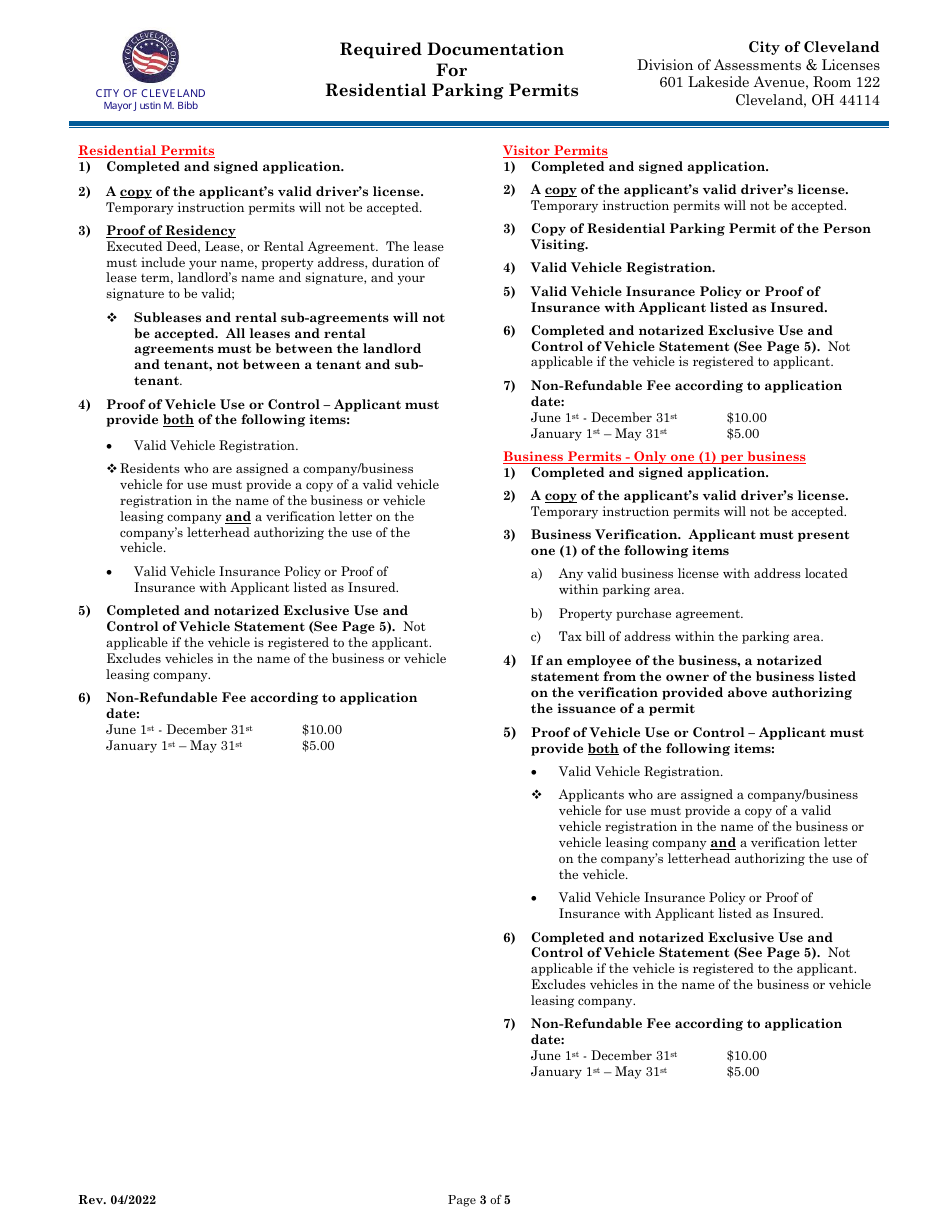 Application for Residential Parking Permits - City of Cleveland, Ohio, Page 3
