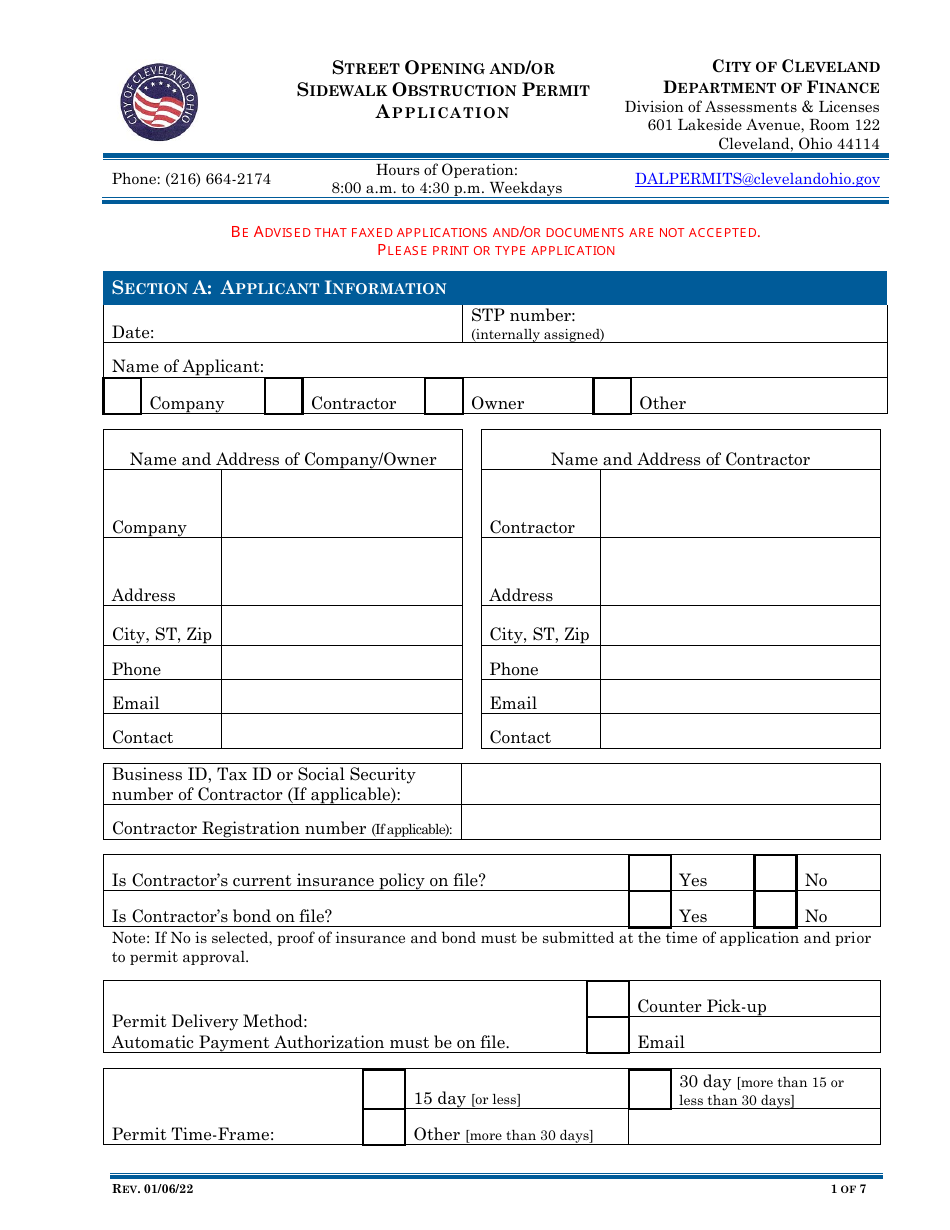 Street Opening and / or Sidewalk Obstruction Permit Application - City of Cleveland, Ohio, Page 1