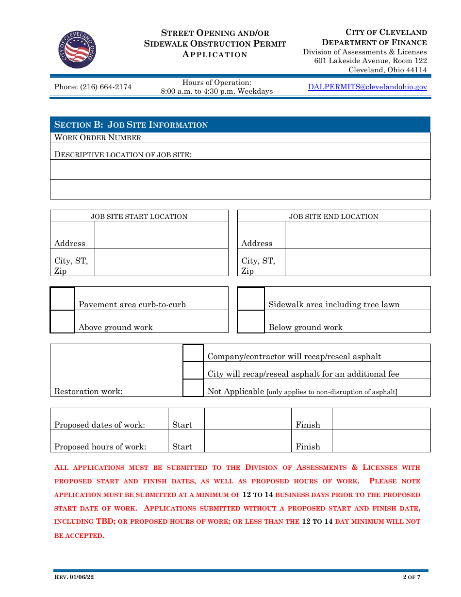 Street Opening and / or Sidewalk Obstruction Permit Application - City of Cleveland, Ohio, Page 2