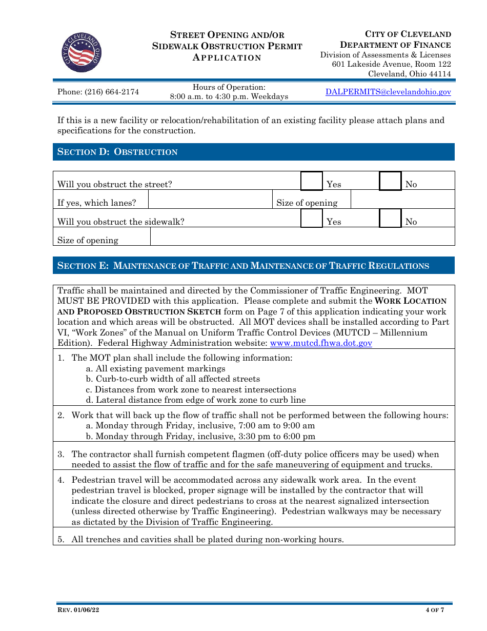 Street Opening and / or Sidewalk Obstruction Permit Application - City of Cleveland, Ohio, Page 4