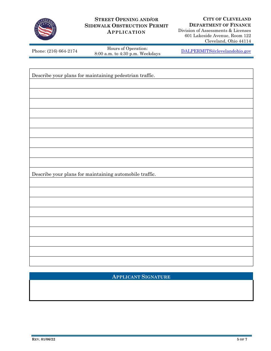 Street Opening and / or Sidewalk Obstruction Permit Application - City of Cleveland, Ohio, Page 5