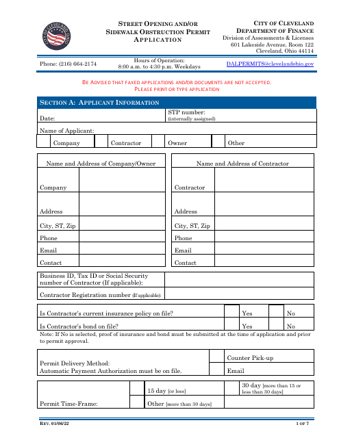 Street Opening and / or Sidewalk Obstruction Permit Application - City of Cleveland, Ohio Download Pdf