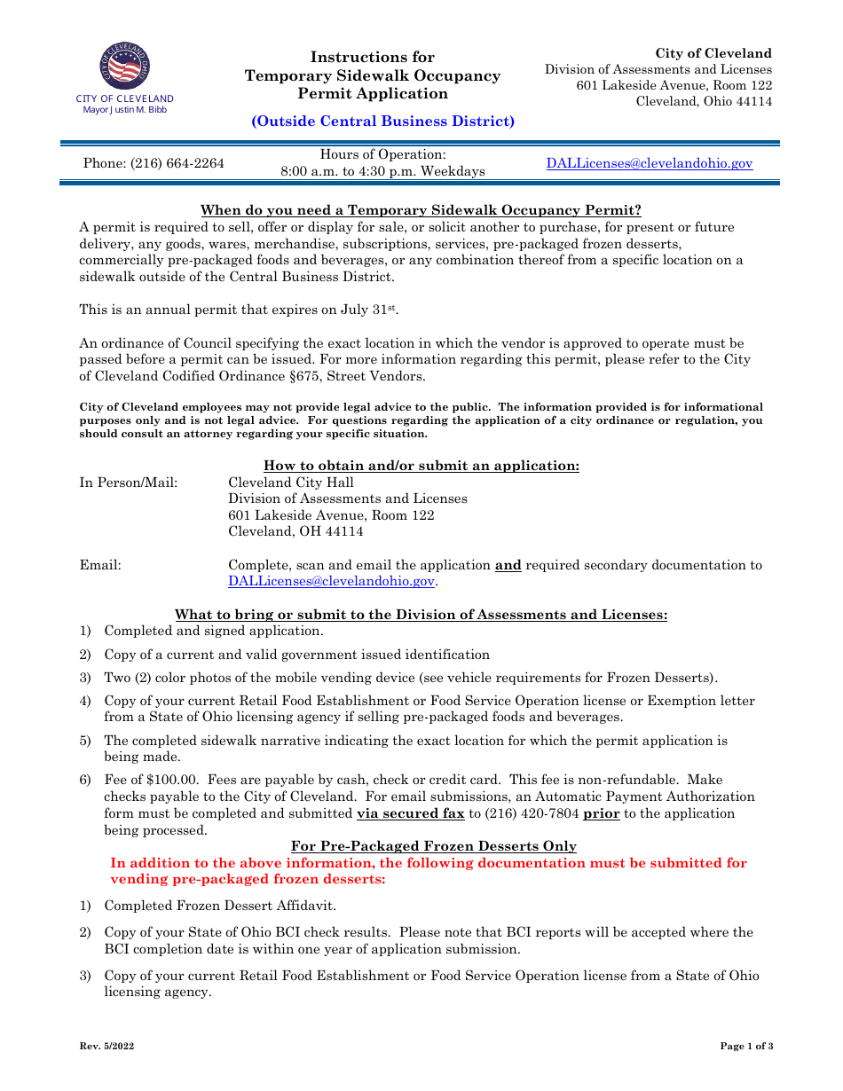 Temporary Sidewalk Occupancy Permit Application - City of Cleveland, Ohio, Page 1