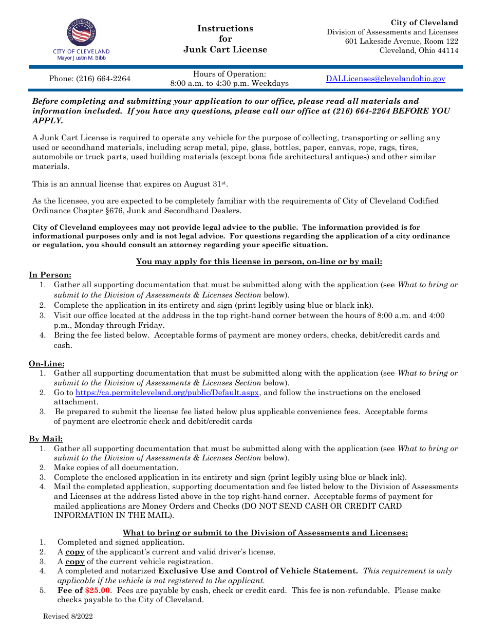 Junk Cart License Application - City of Cleveland, Ohio, Page 1