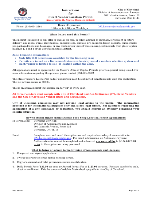 Application for Street Vendor Location Permit - City of Cleveland, Ohio Download Pdf