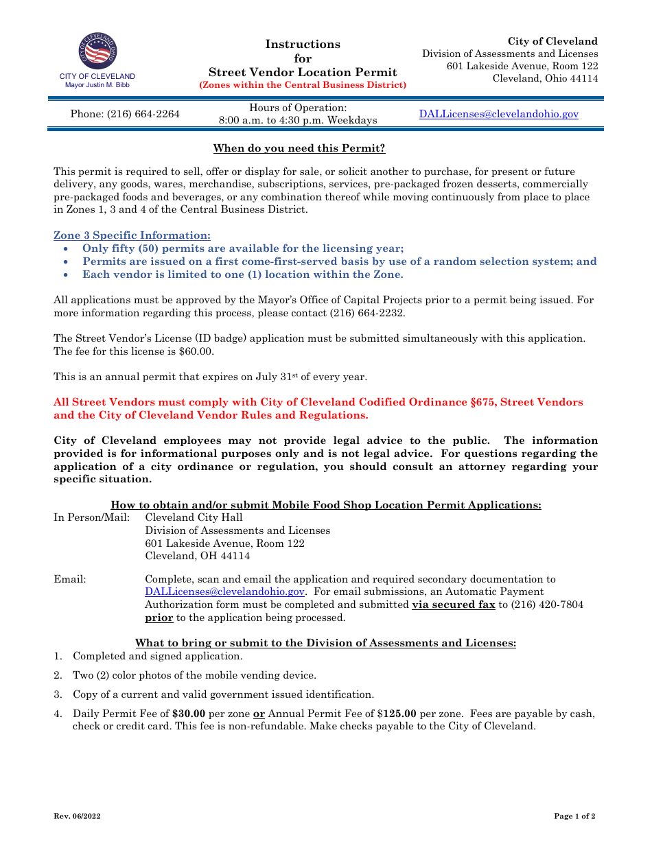 City of Cleveland, Ohio Application for Street Vendor Location Permit