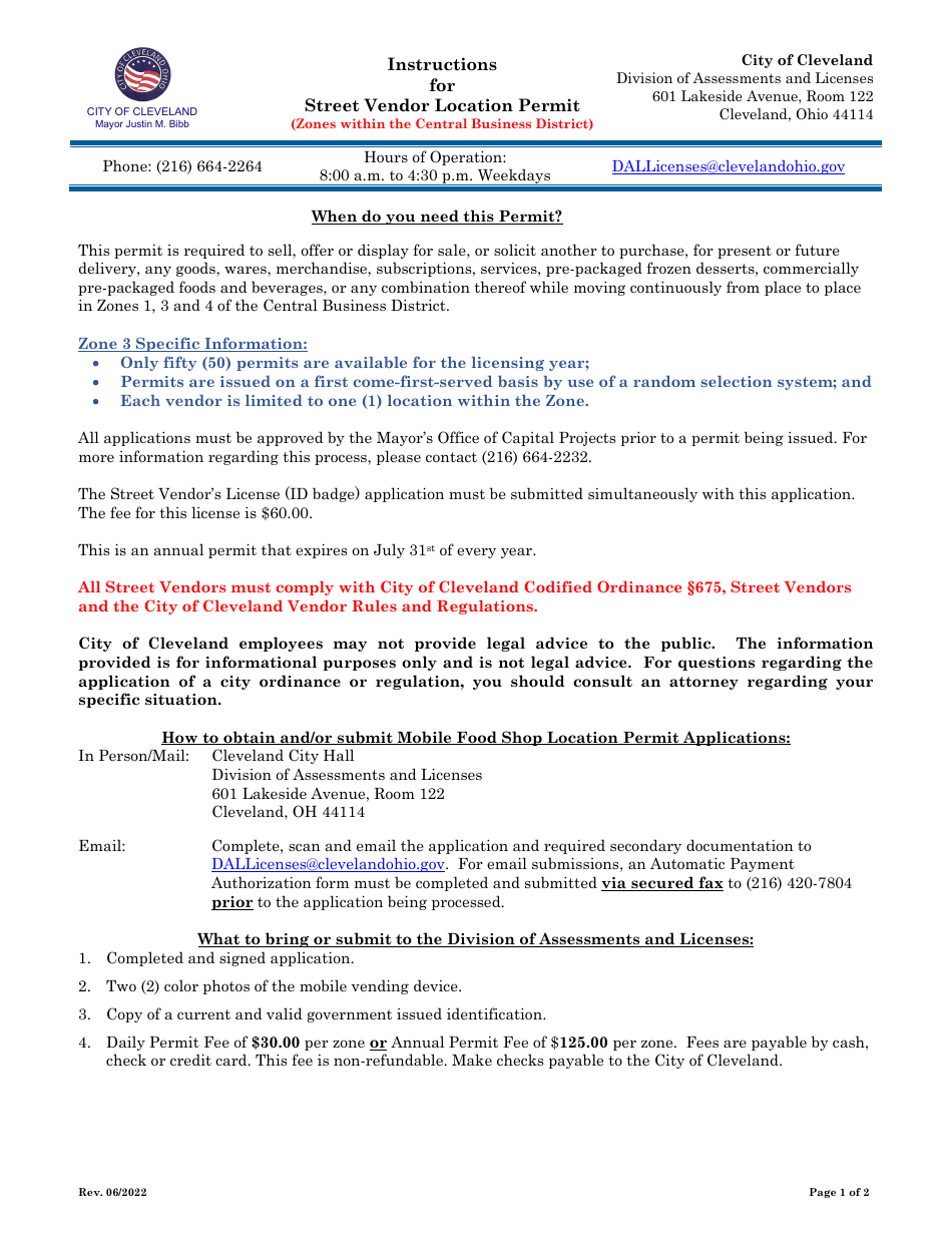 Application for Street Vendor Location Permit - City of Cleveland, Ohio, Page 1