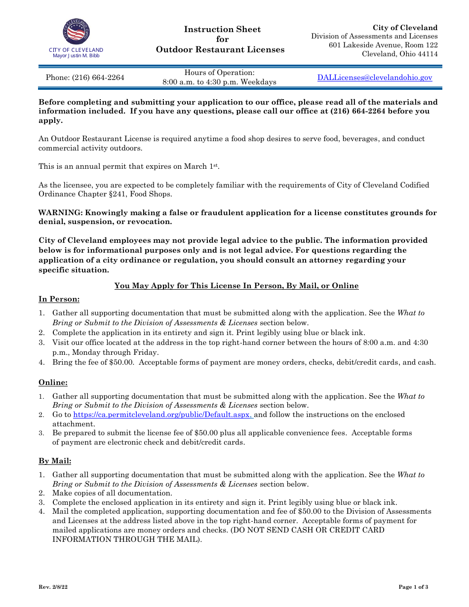 Outdoor Restaurant License Application - City of Cleveland, Ohio, Page 1