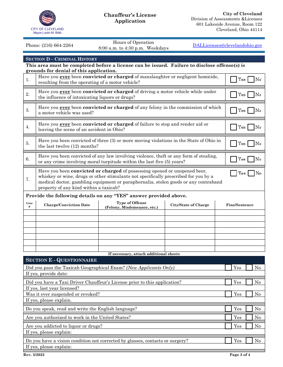 Chauffeurs License Application - City of Cleveland, Ohio, Page 3