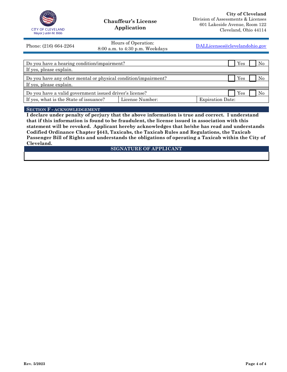Chauffeurs License Application - City of Cleveland, Ohio, Page 4