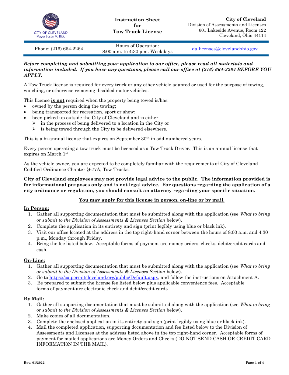 Tow Truck License Application - City of Cleveland, Ohio, Page 1