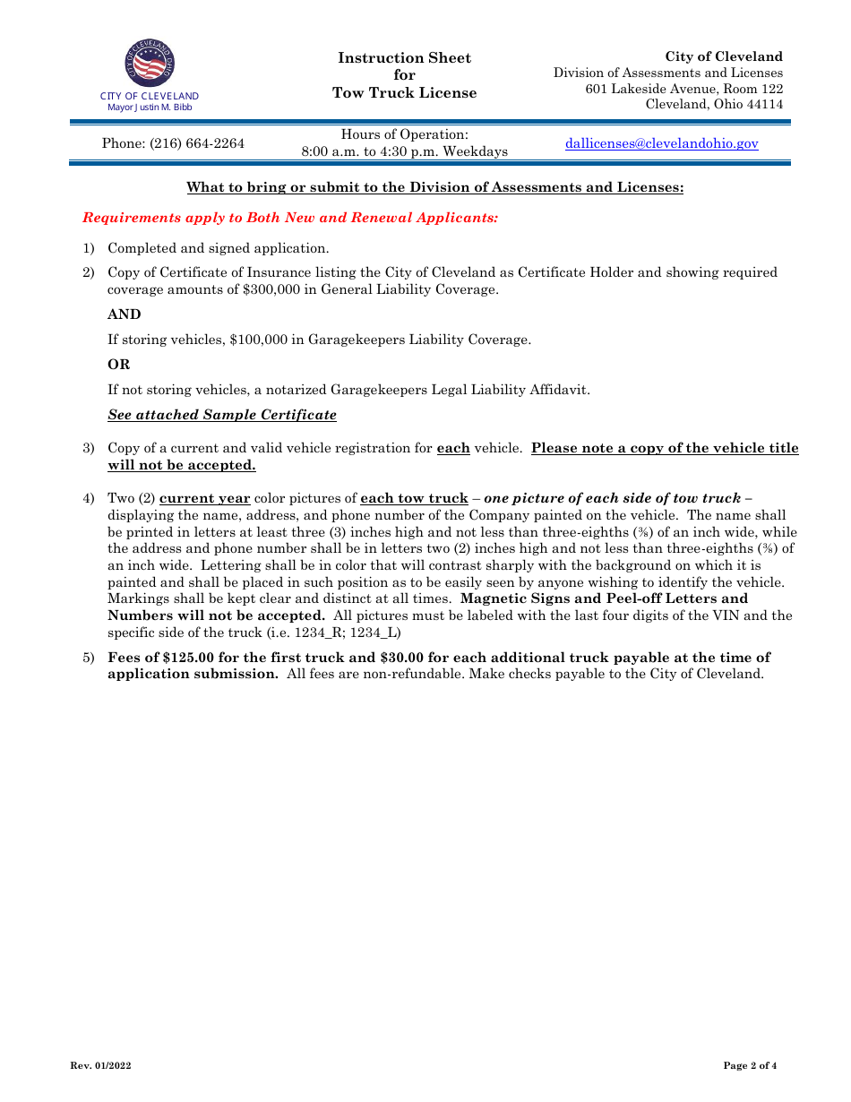 Tow Truck License Application - City of Cleveland, Ohio, Page 2