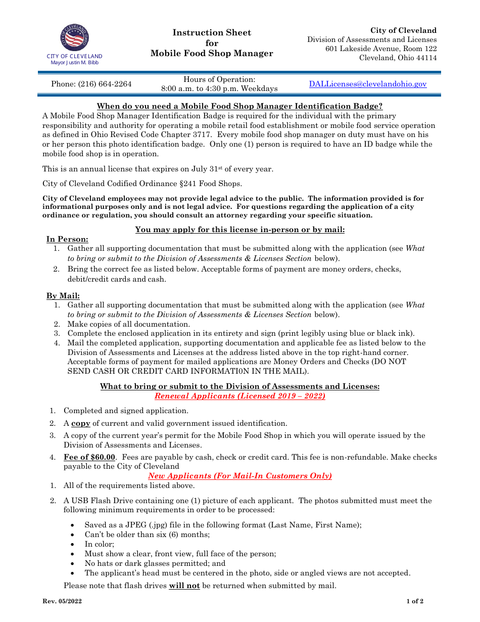 City of Cleveland, Ohio Mobile Food Shop Manager Application - Fill Out ...