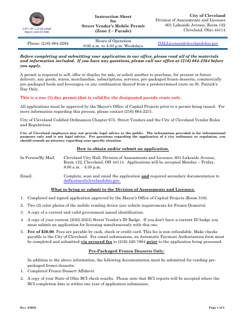 Instruction Sheet for Street Vendor's Mobile Permit (Zone 2 - Parade) - City of Cleveland, Ohio