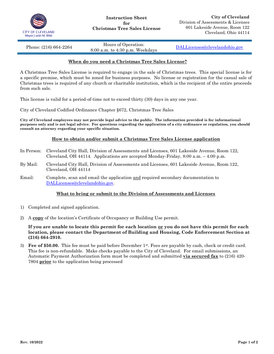 City of Cleveland, Ohio Christmas Tree Sales License Application Fill