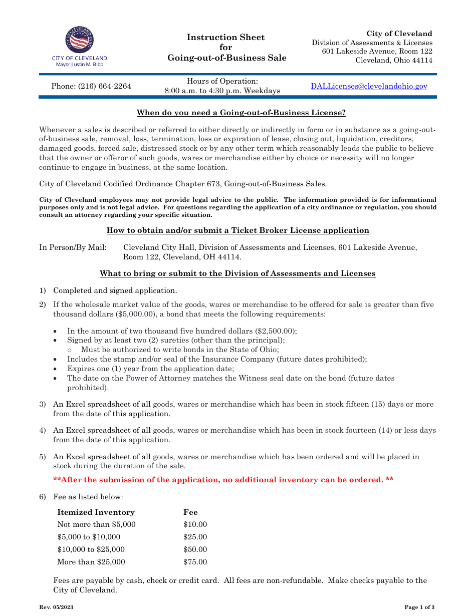Going-Out-Of-Business Sale Application - City of Cleveland, Ohio, Page 1